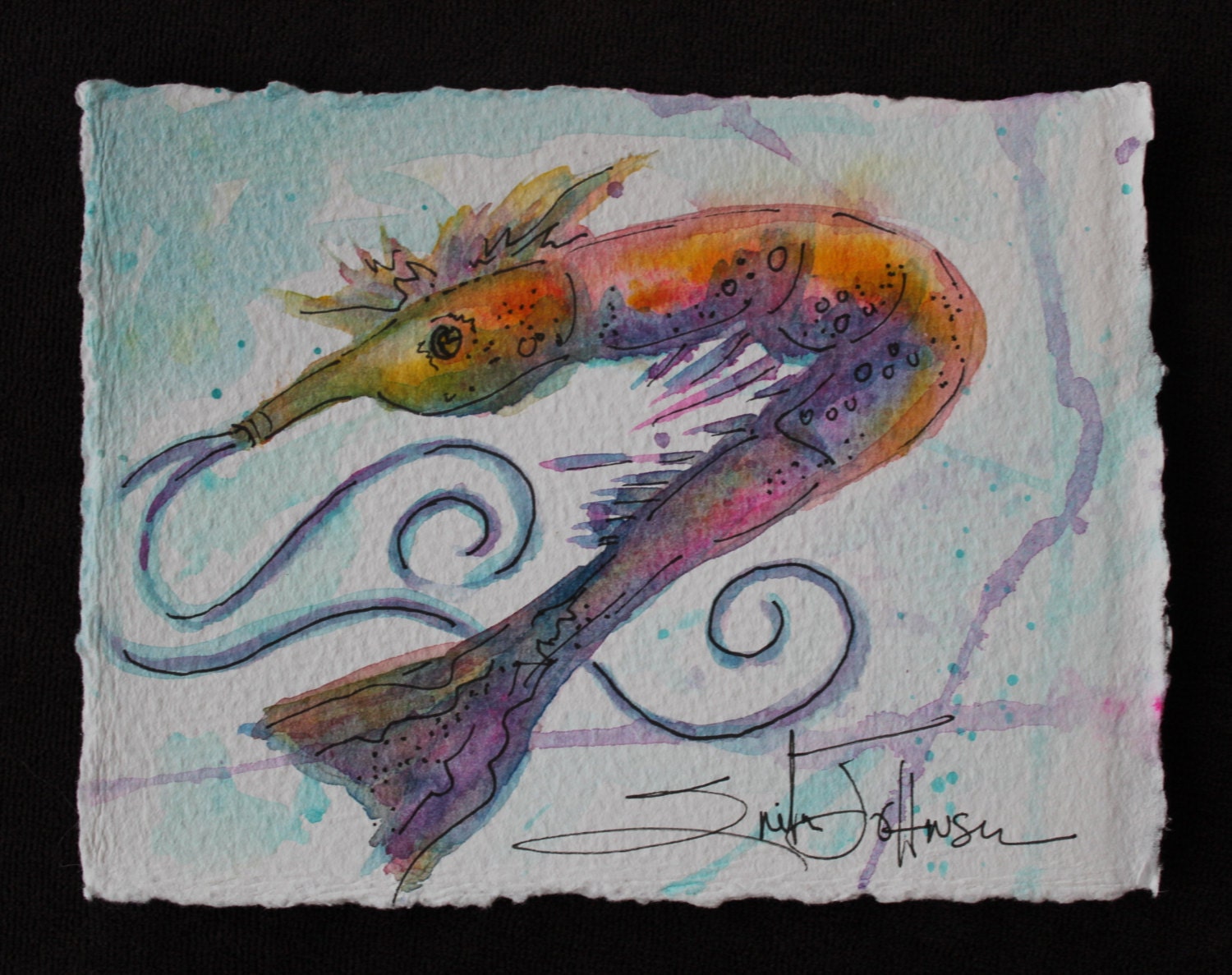 Vibrant Shrimp Watercolor Painting by Erika Johnson 5 x 6.5 inches (127 x 165.1mm) Coastal - Beach House Decor- Sea life art