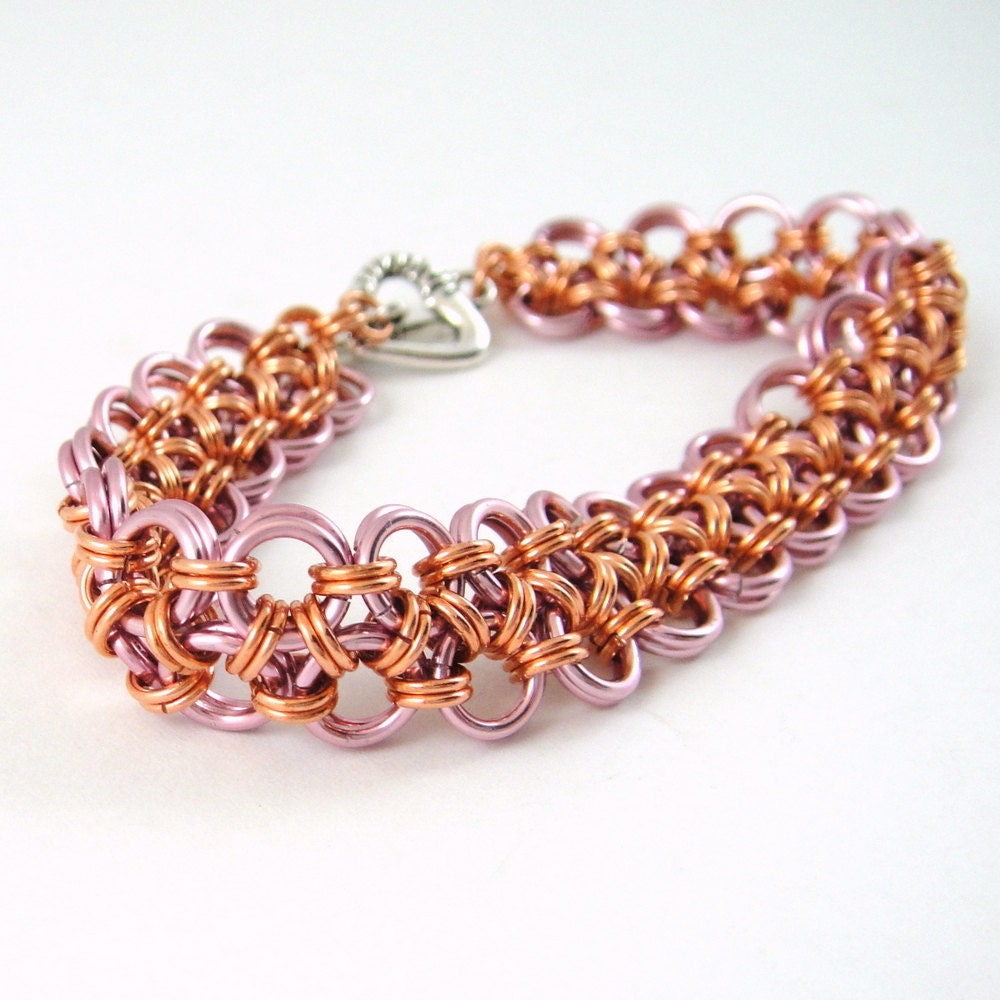Chainmail Bracelet Japanese Lace Weave Copper and Pink