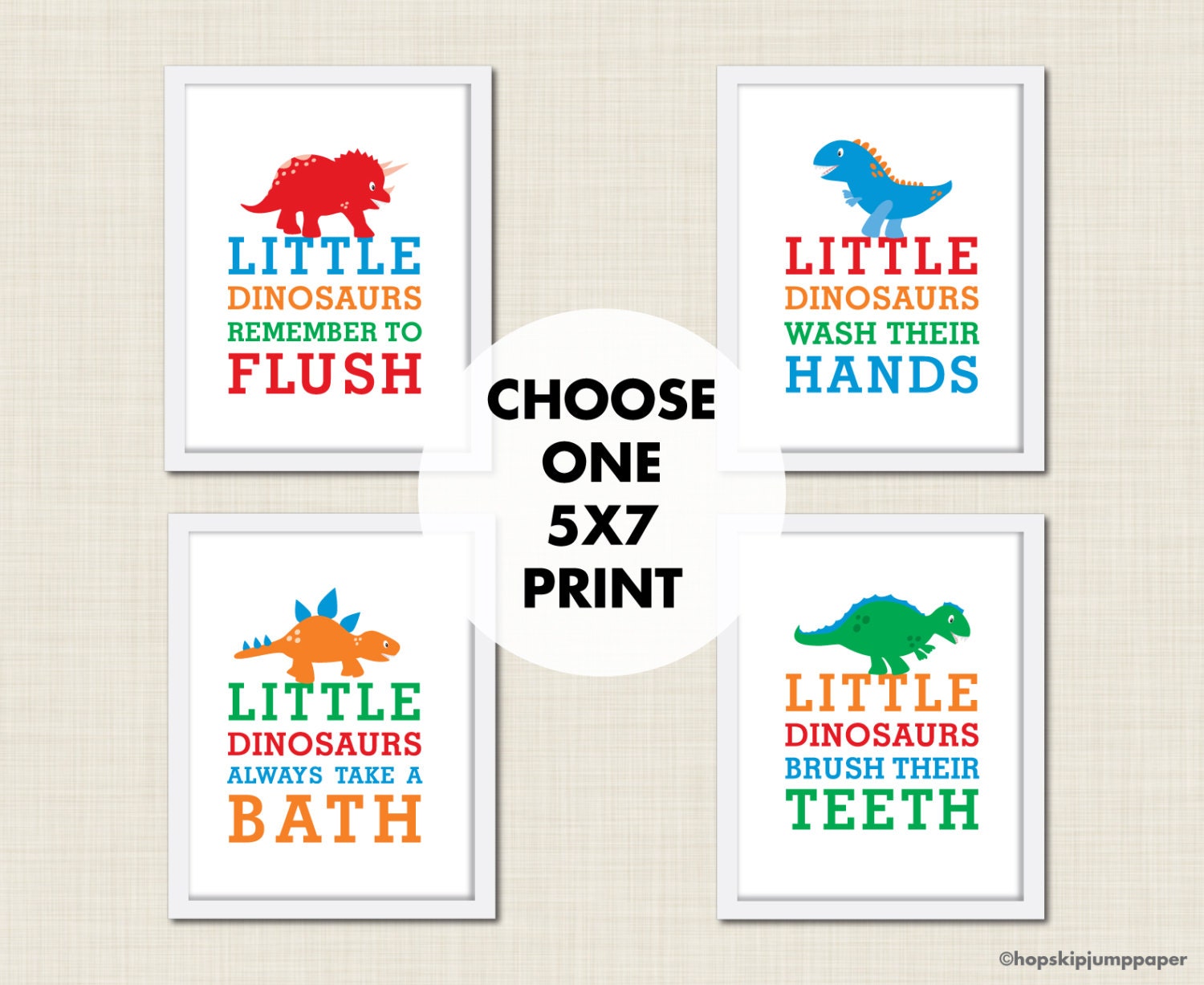 Dinosaur Bathroom Art Print, One 5x7, Unframed