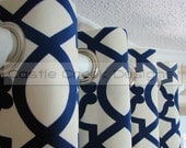 Pair of Decorative Designer Custom Grommet Curtains Drapes Navy Velvet Lattice On Cream 50 x 96