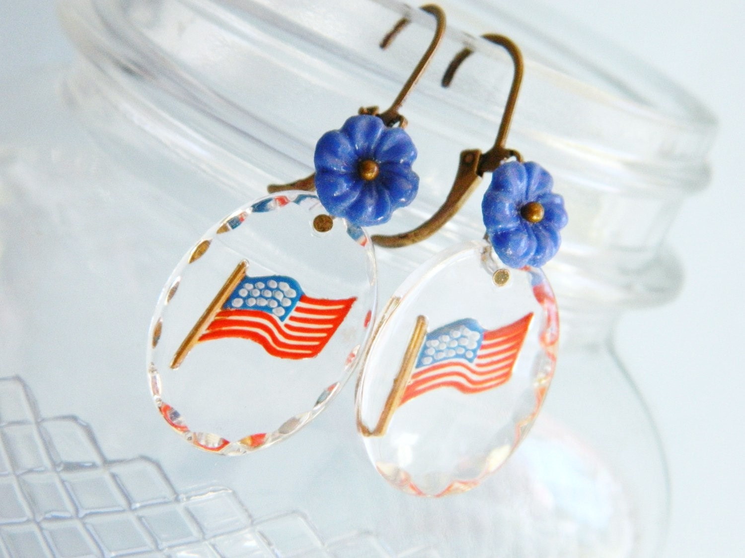 American Flag Earrings, Vintage Glass Earrings, Vintage 4th of July Earrings, Patriotic Earrings, Independence Day, Retro Summer Earrings