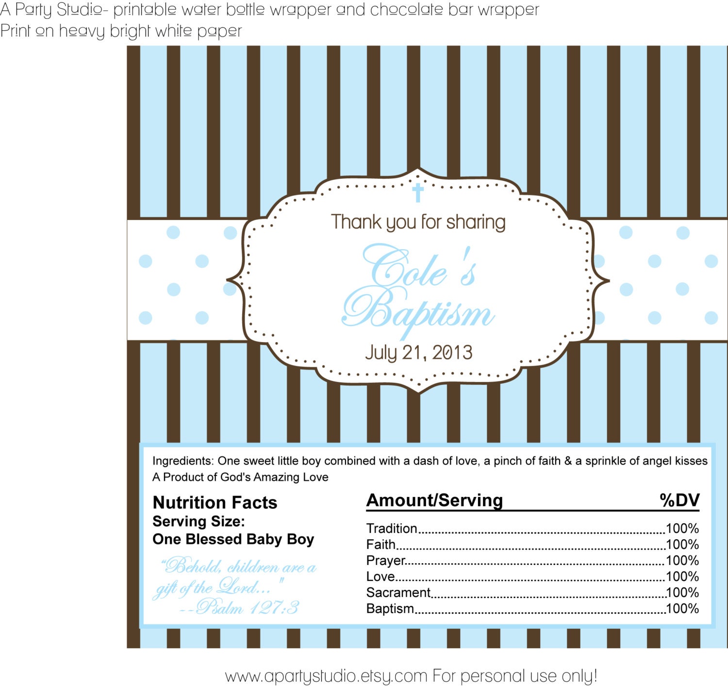Christening/Baptism in Brown and Blue- Personalized Chocolate Bar Wrapper- Print your own Il_170x135