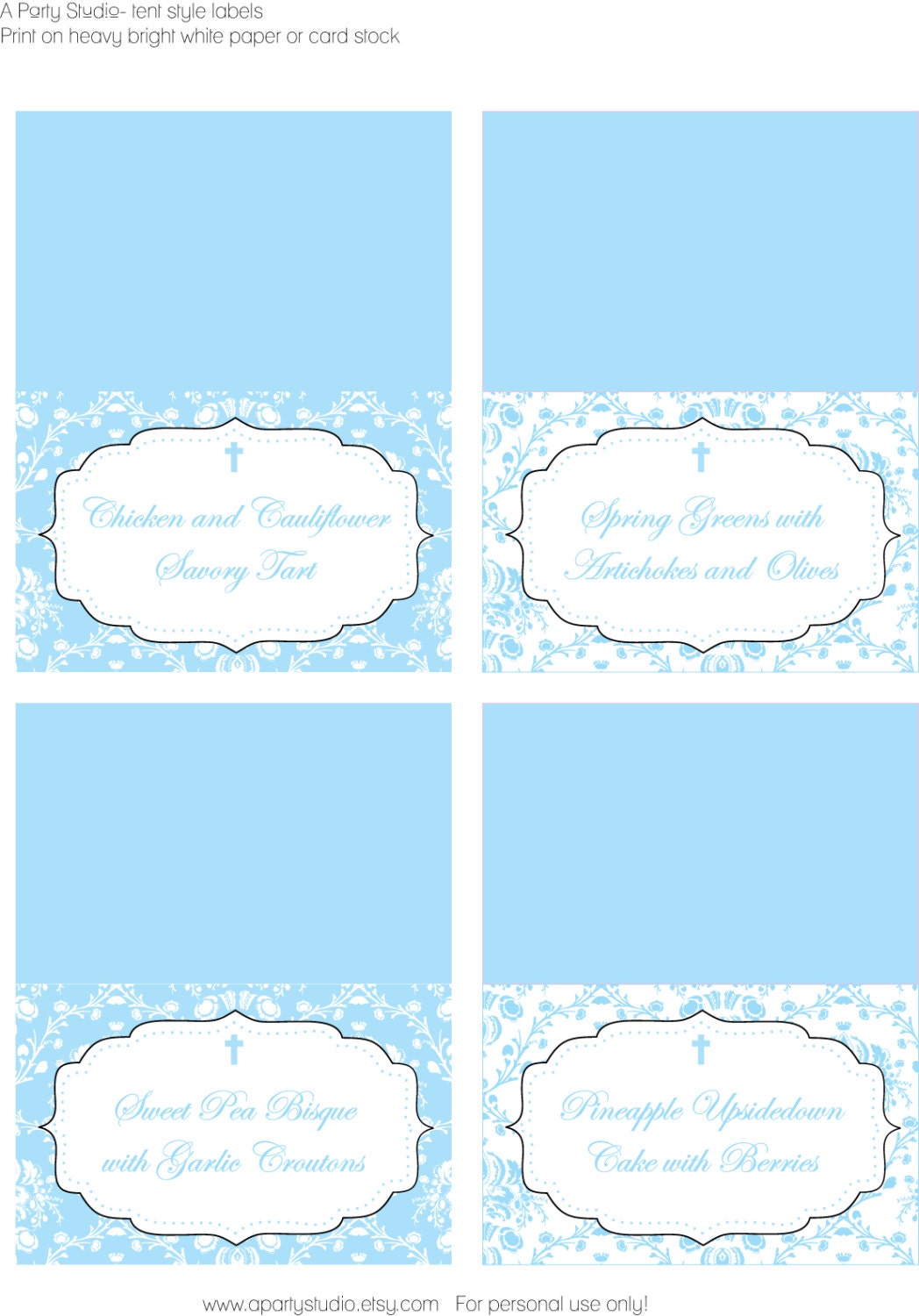 Blue Damask Baptism- tent style food labels- print your own