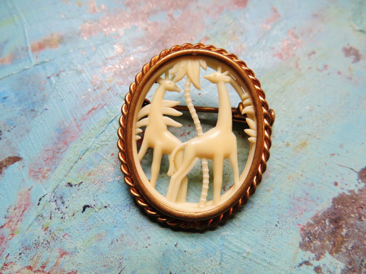 Vintage Depose France Carved Ivory Celluloid Brooch Giraffe Gold Brass Art Deco Jewelry Vintage 1920s