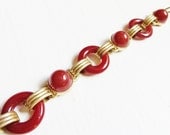 Art Deco Bracelet Orange Red Carnelian Glass Rings Gold Brass 1930s Art Deco Jewelry
