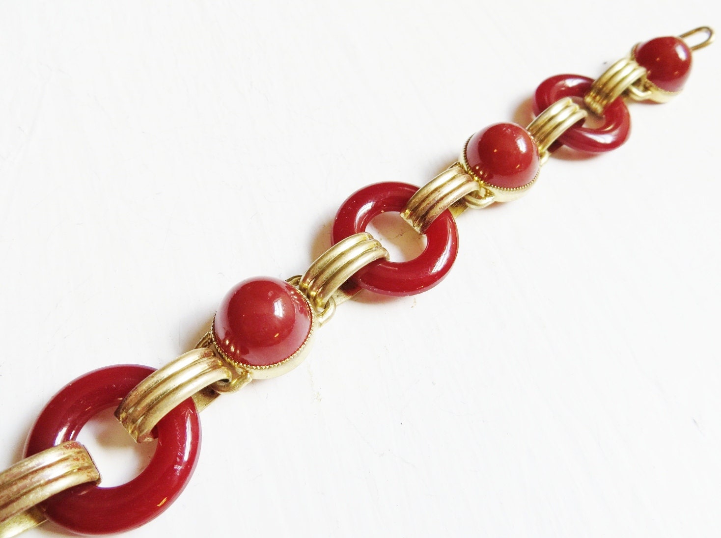 Art Deco Bracelet Orange Red Carnelian Glass Rings Gold Brass 1930s Art Deco Jewelry
