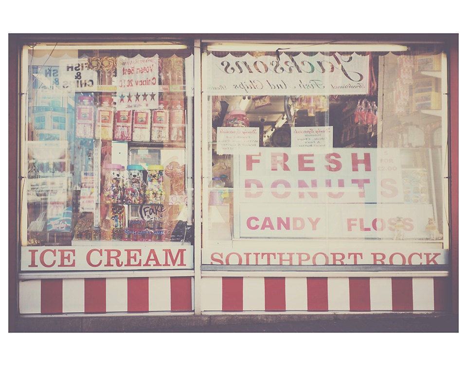 retro seaside doughnut food photo print - whimsical fine art color photography, red, southport, england, rock, ice cream