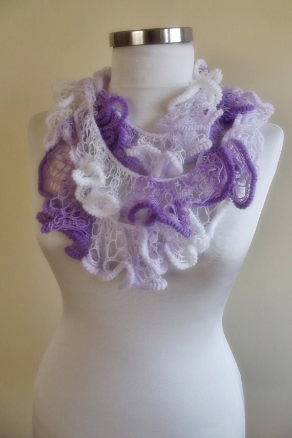hand crocheted ruffled scarf lilac white