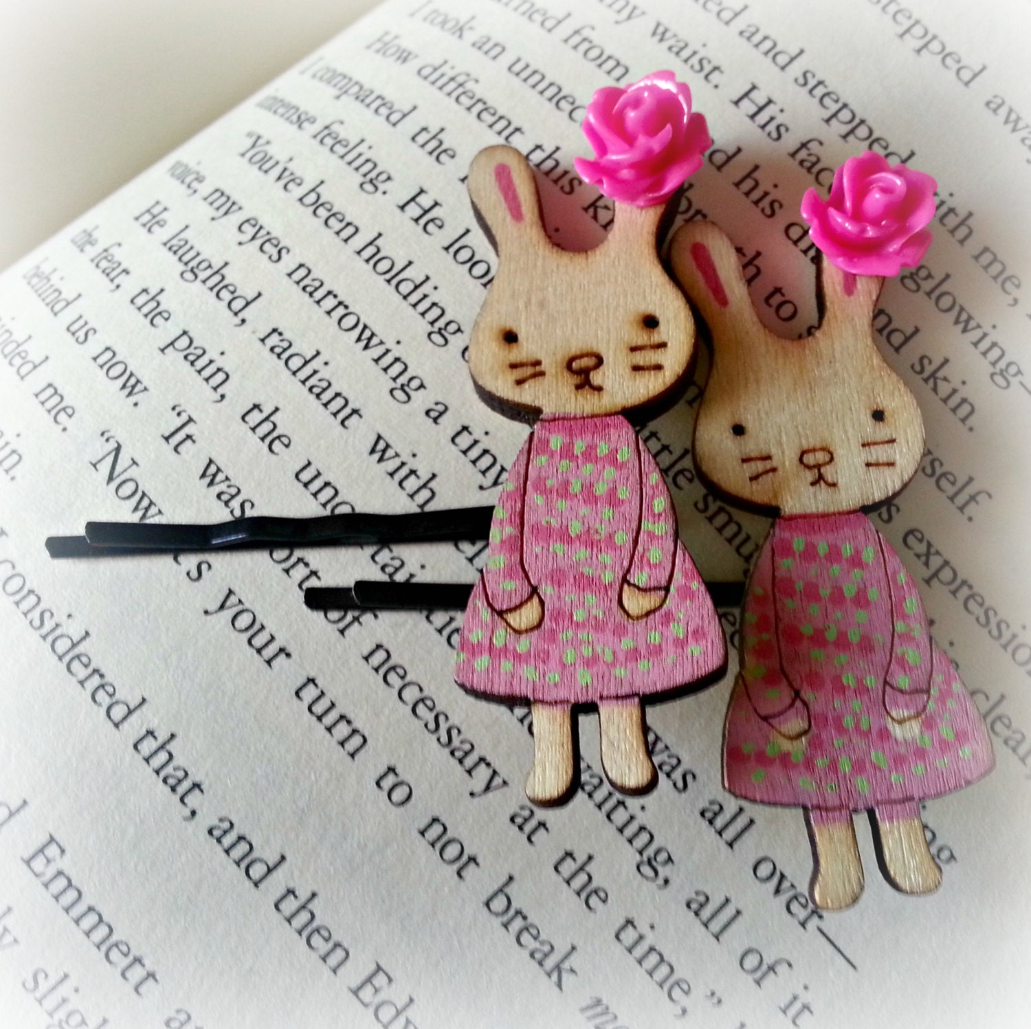 Sale Bobby Pins Sweet Spring Bunnies Set of Two with Hot Pink Roses
