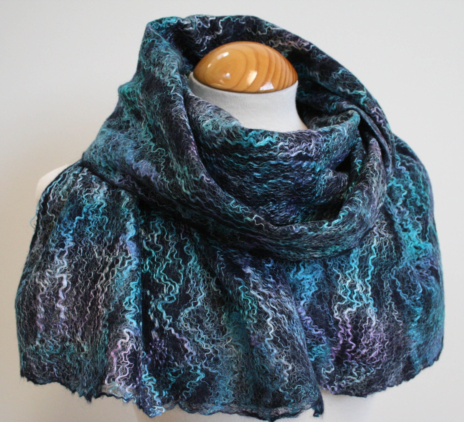 Hand Dyed, Nuno Felt Scarf on Cotton, Cool Ocean, Turquoise and Lilac on a Navy Background - FeltSoLovely
