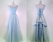 Vintage 1950s White Lace & Light Blue Gown - Prom Dress - Bustle Back