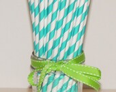 100 Aqua Striped Paper Drinking Staws - with DIY Printable Straw Flags - Party - Birthday, Wedding, Made In Usa