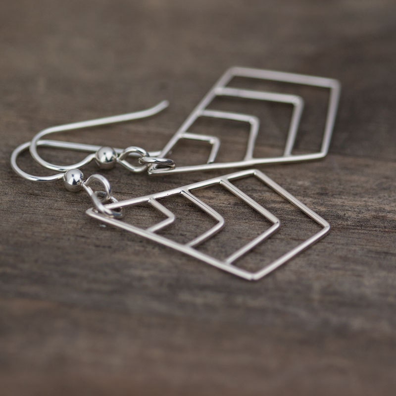 Large Silver Chevron Earrings / Sterling Silver Metal Dangle Earrings / Simple Statement Jewelry by burnish