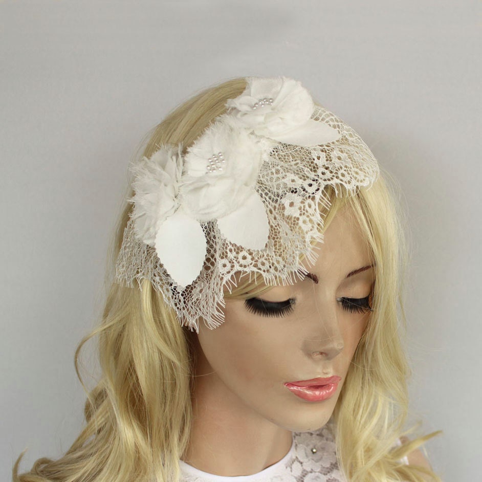 Beady Flowers Weddings Hair Fascinator with Chantilly Lace Veil, Shabby Chic Bridal Head Piece, White. Handmade