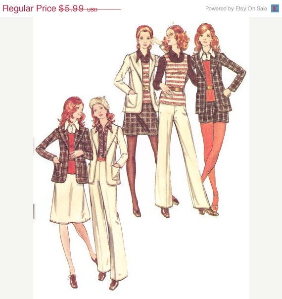 SALE 1970s Vintage Womens Sewing Pattern Butterick 6508 Blazer Jacket Flare Pants Skirt Mini Skirt Shorts Size 12 Bust 34"
