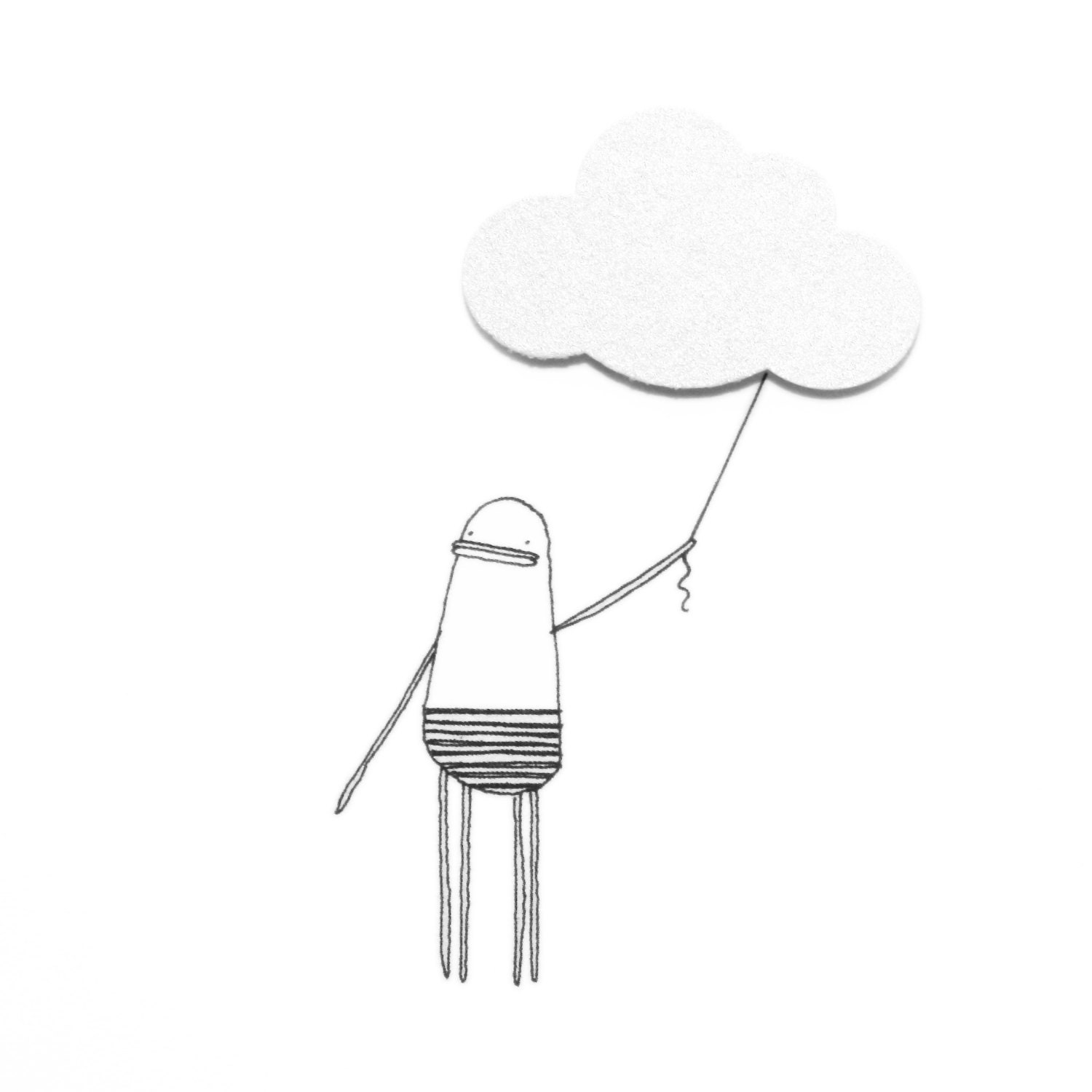 Cute Birthday Card, Cloud Balloon, Happy Birthday, Hand-Finished Card, Cute Illustration, Poosac with Silver Cloud Balloon, White