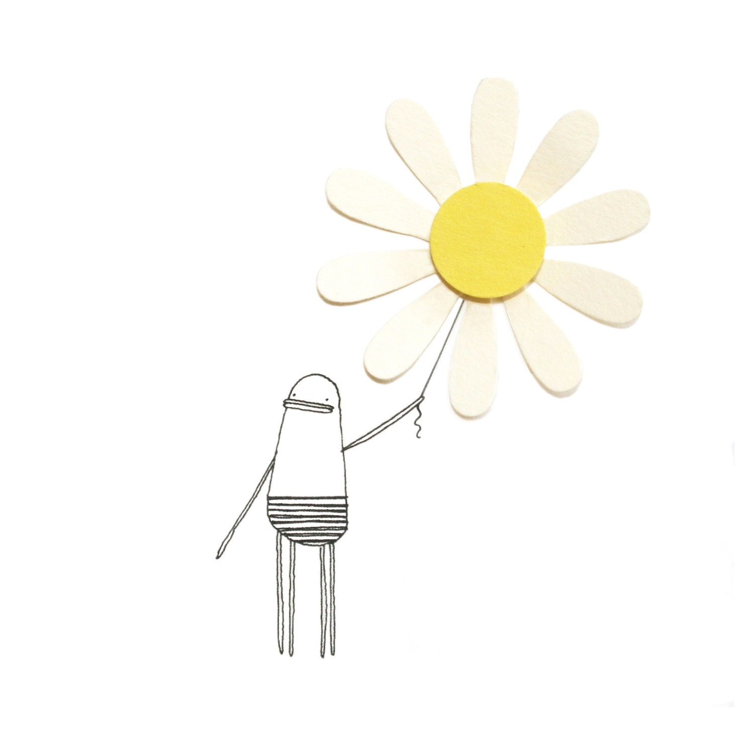 Daisy Greeting Card, Happy Birthday, Flower, Quirky Illustration of Poosac with Yellow Daisy Embellishment, Summer