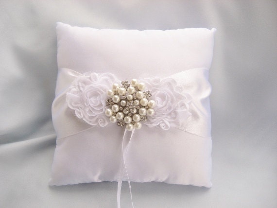 White Ring Bearer Pillow - Ruffles and Pearls