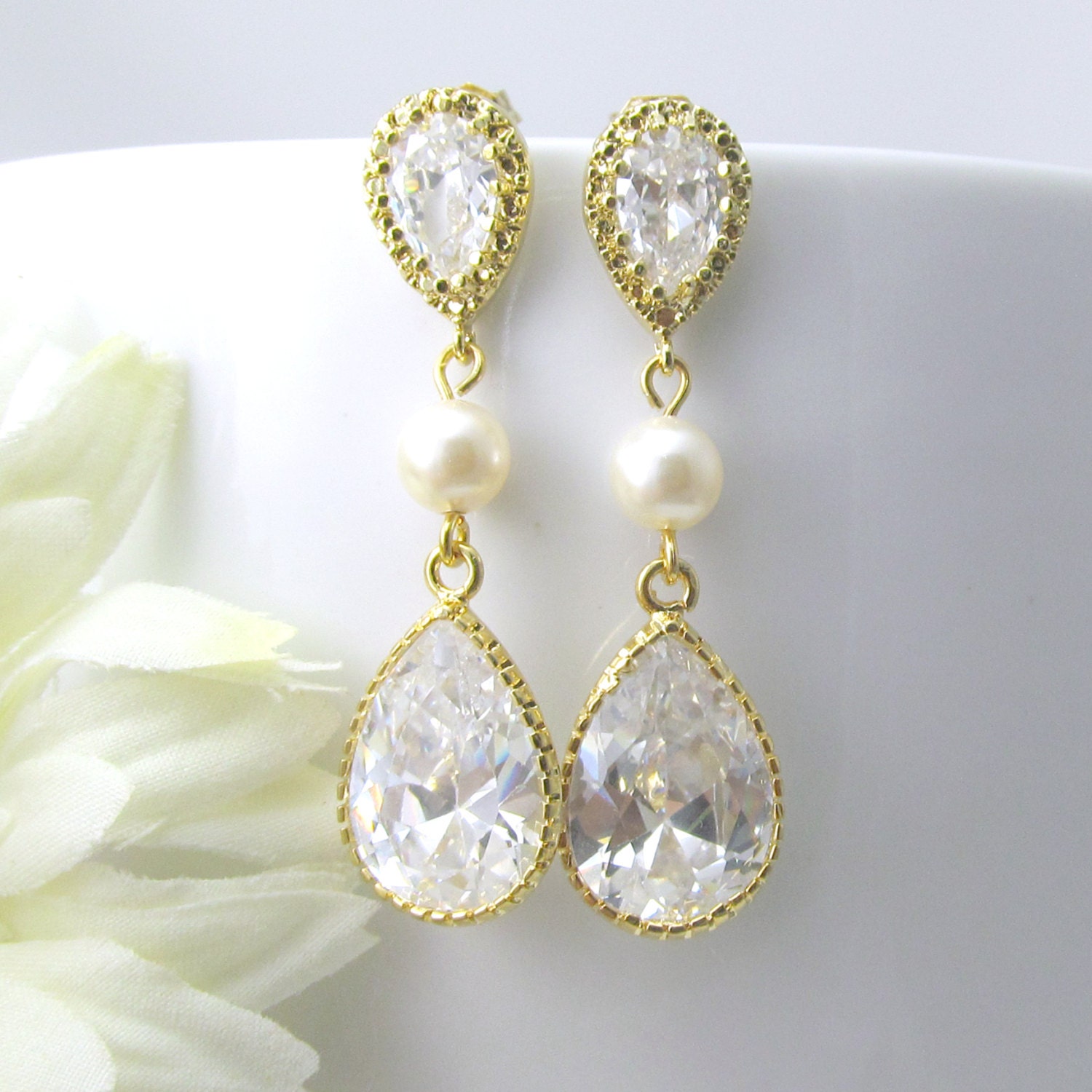 Bridal Earrings Cubic Zirconia Teardrop Dangle Earrings Gold Earrings Swarovski Pearl Sterling Silver Ear Post Bridesmaid Gift Pearl Jewelry