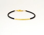 Gold Bar Black Seed Beads Bracelet -Tiny Gold Dash Friendship Bracelet - Minimalist Simple Everyday Jewelry