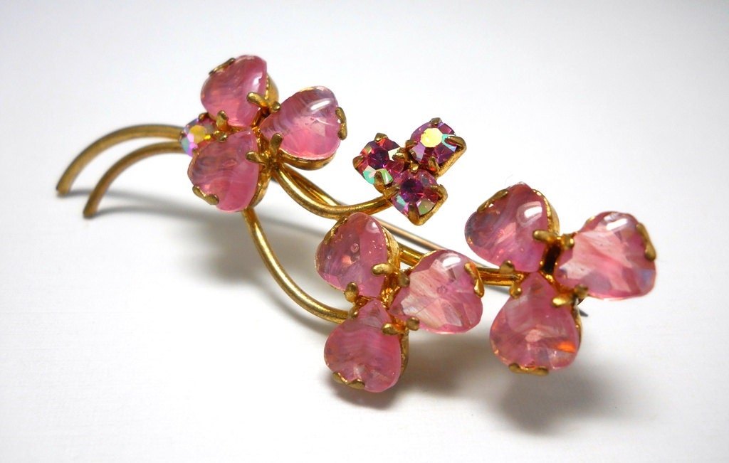 Vintage West Germany Pink Aurora Borealis Rhinestone Flower Brooch