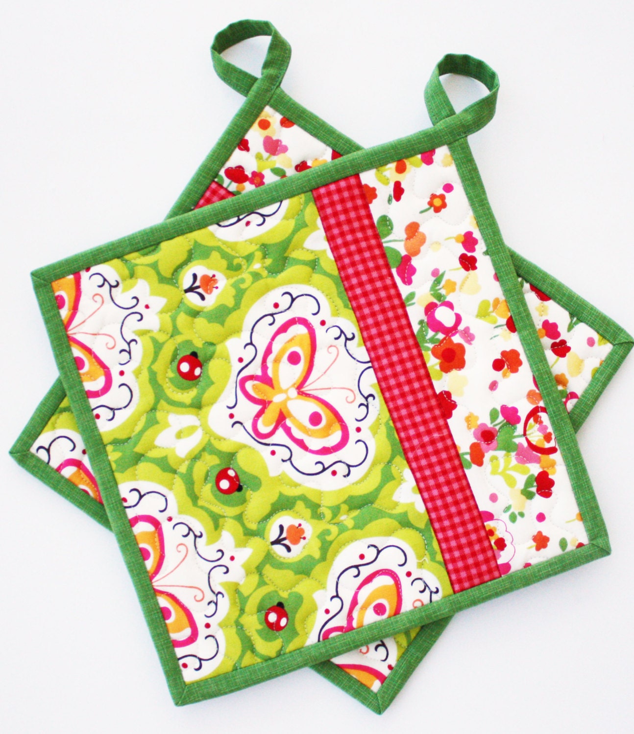 Butterfly Garden - Handmade Quilted Potholders - Set of Two