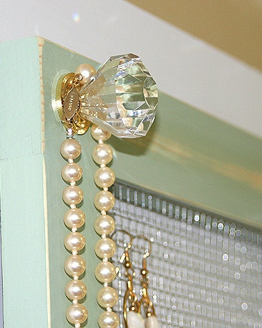 Jewelry Holder Storage Organizer Crystal Knobs Jewelry Holder Large Vintage Pale Jade Framed Jewelry Organizer