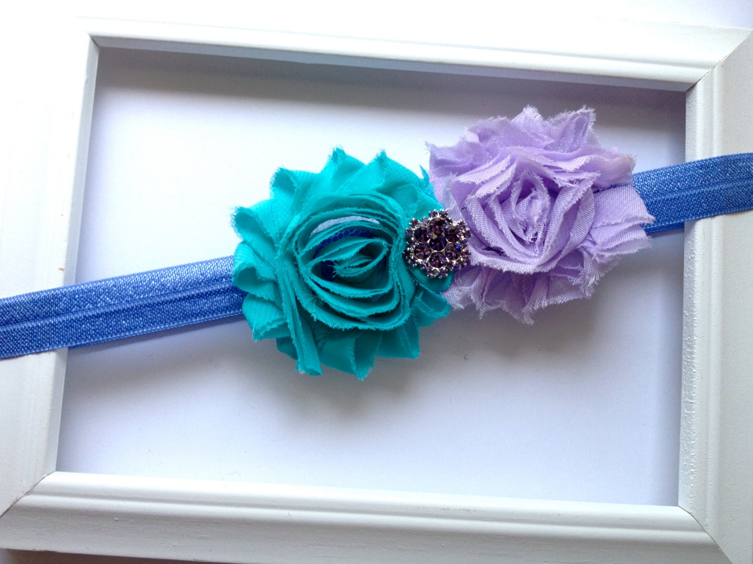 Shabby Flower Elastic Headband -- Turquoise & Lavender Flowers with Rhinestone Accent