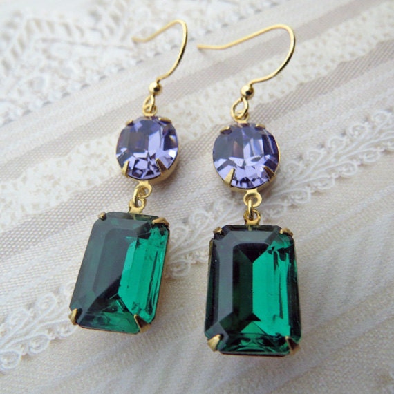 Drop Earrings Emerald Earrings Dangle Earrings Purple Tanzanite Earrings Hollywood Glam Rhinestone Bridesmaid Bridal Wedding Jewelry