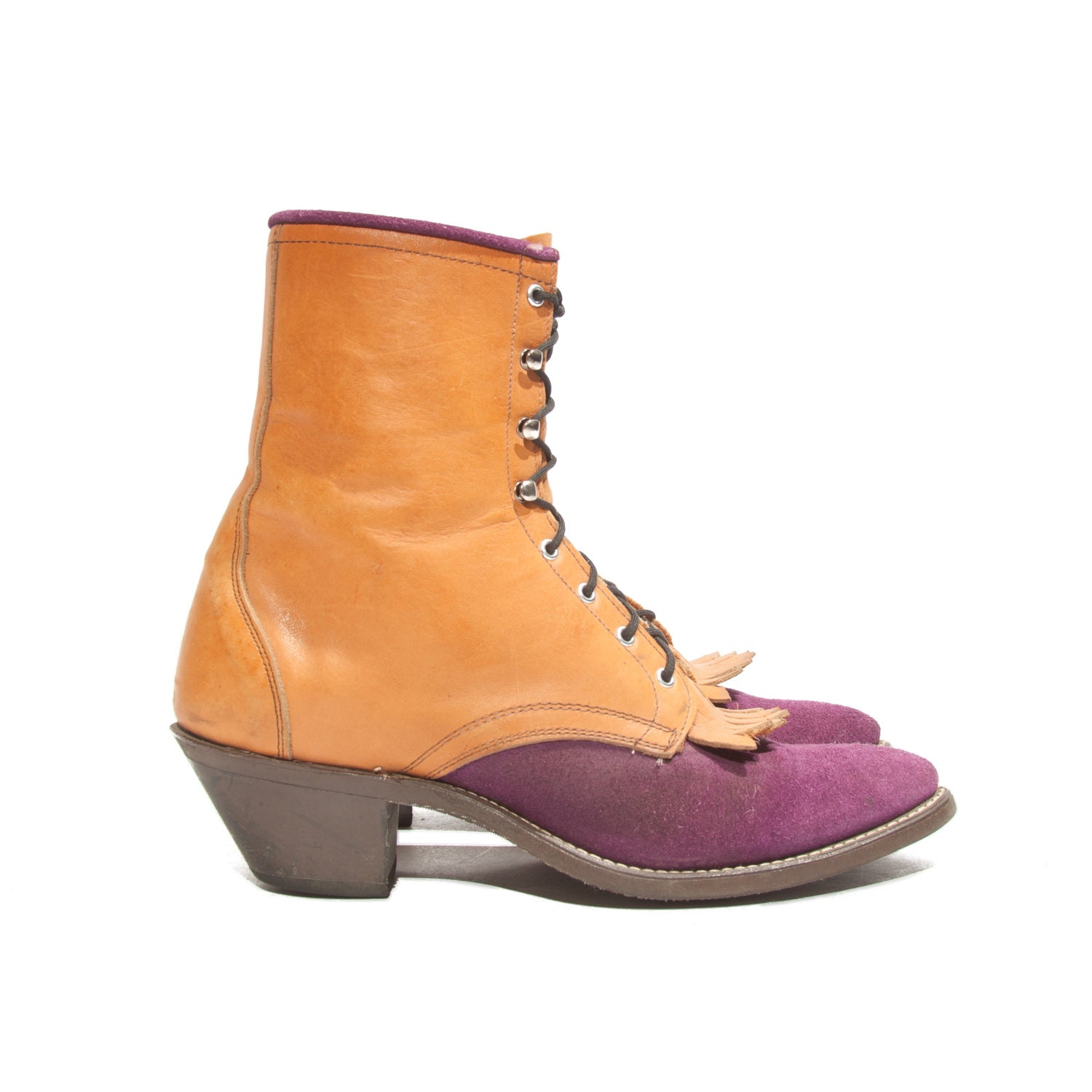Violet Purple & Brown Lace up Ankle Boots Granny Shoes Lacers Women size 9 M