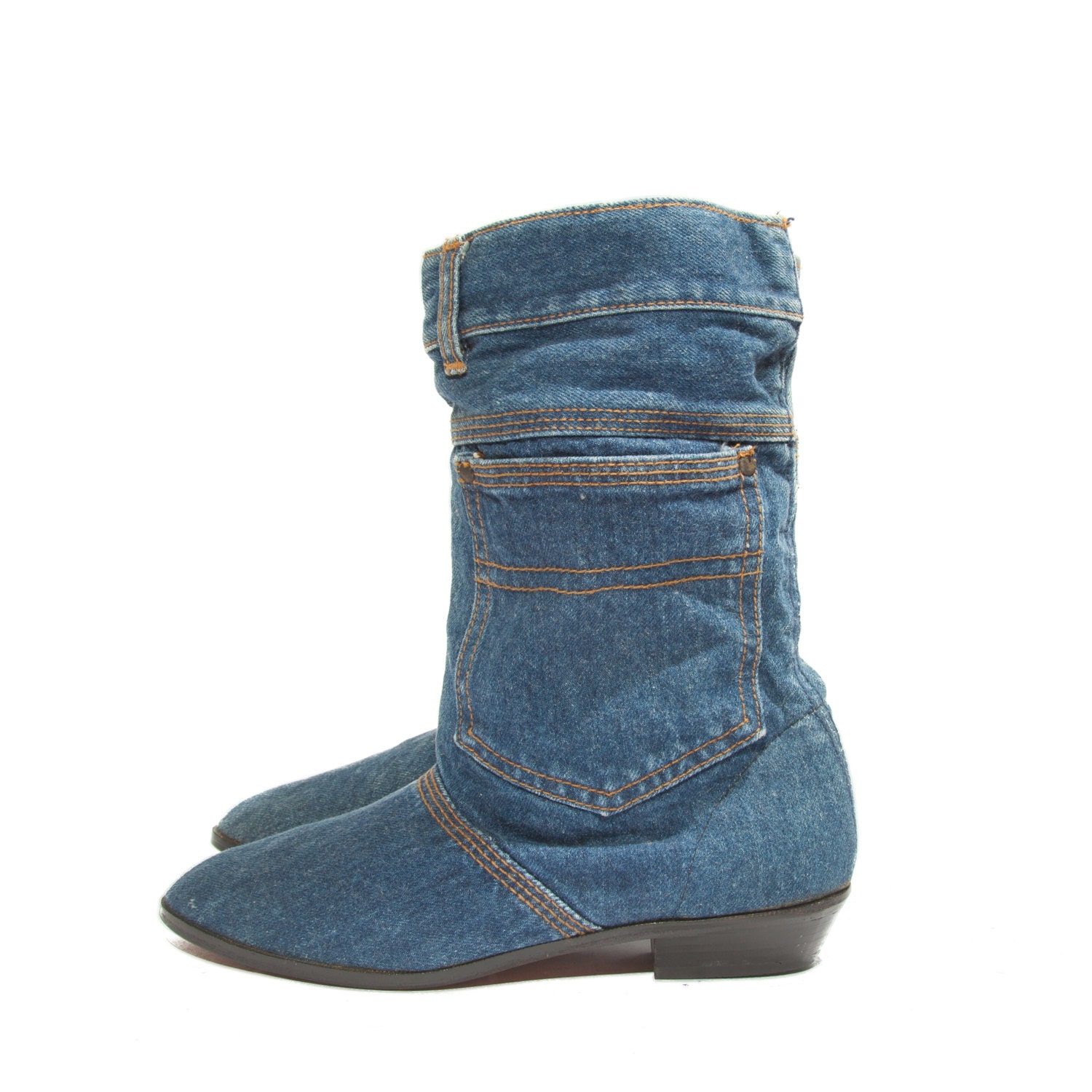 Iconic 80's Vintage Denim Boots with Jean Pocket Shafts and Leather Soles For Women's size 10