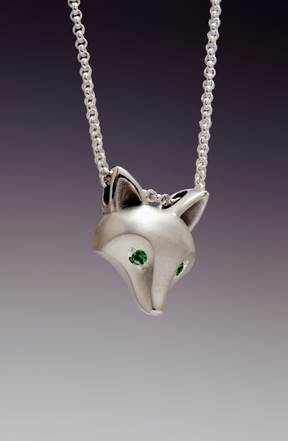 silver fox pendant with chain.   SATIN finish,  green garnet , ruby, blue,yellow or pink sapphire