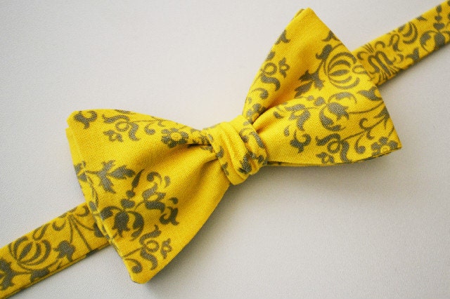 Freestyle Bowtie- Gray and Yellow Damask