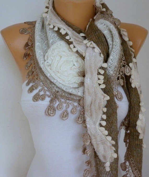 Fabric Knitted Lace Scarf  -  Plush Shawl Scarf  Flower Scarf -  Cowl Scarf - Brown - fatwoman