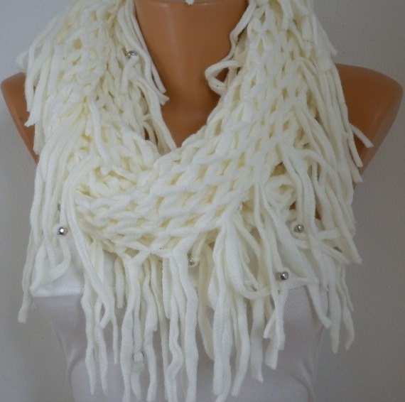 Infinity Scarf Loop Scarf Circle Scarf Fabric Knitted Lace Scarf -  Tube Scarf - Creamy White -fatwoman