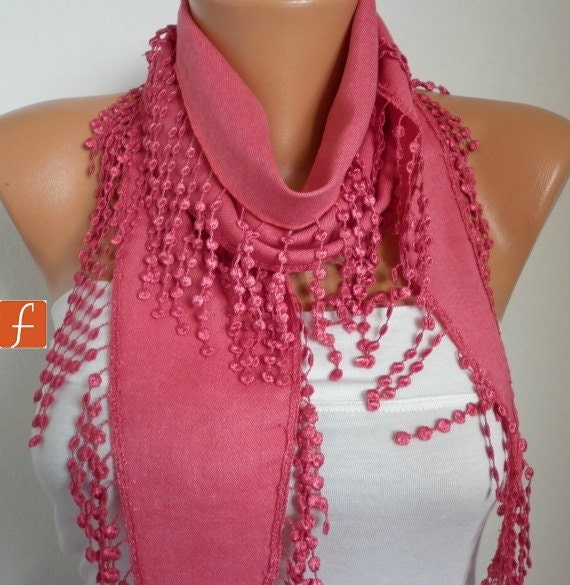 Amaranth Scarf  Women Pashmina  Scarf  - Cotton Scarf -  Cowl with Lace  Edge - fatwoman