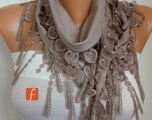 Beige Scarf  -  Pashmina Scarf  -  Cowl  Scarf with Lace Edge - fatwoman - LOVE - HEART