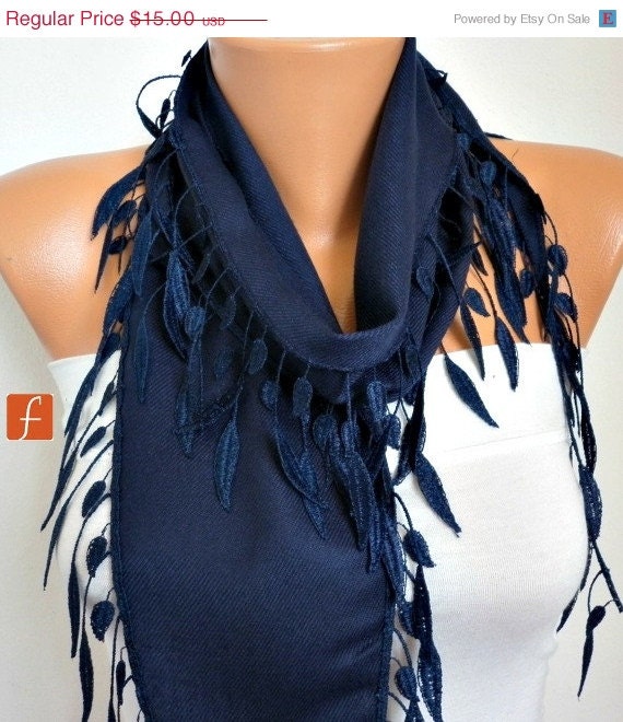BIG SALE Dark  Blue Scarf  Pashmina Scarf  Cowl with Lace Edge  Indigo Gift for Her