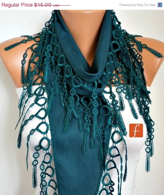BIG SALE Emerald Green  Scarf  -  Pashmina Scarf  - Cowl Scarf  with Lace Edge    - fatwoman