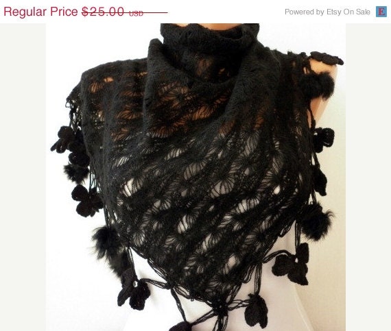 BIG SALE Black  Knitted Scarf  -   - Cowl with Lace and Pompom Edge - Black ///