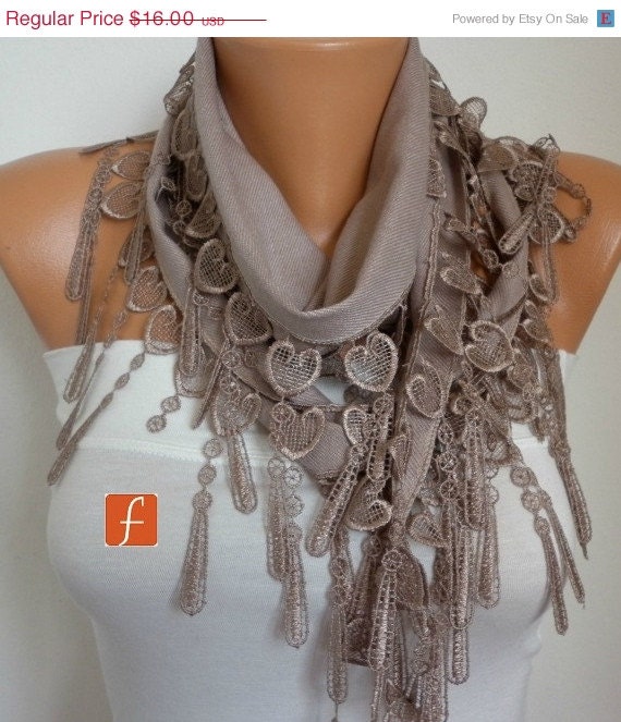 BIG SALE Beige Scarf  -  Pashmina Scarf  -  Cowl  Scarf with Lace Edge - fatwoman - LOVE - Heart
