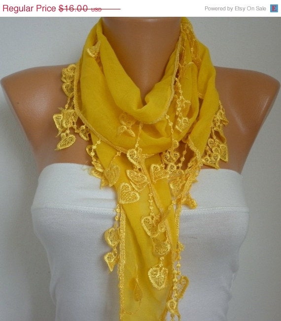 BIG SALE Yellow Scarf Cotton Scarf  Cowl with Lace Edge Gift Bridesmaid Gift - fatwoman
