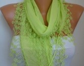 BIG SALE Neon Pistachio Cotton Scarf   Women Shawl Scarf  Scarf - Cowl Scarf with Lace Edge  -  Gift for her - fatwoman