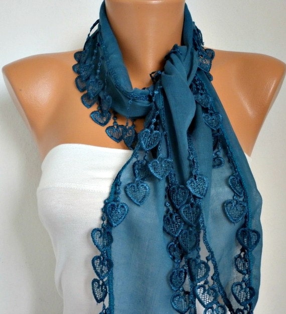 BIG SALE Teal Scarf  -  Scarf -Cotton Cowl Scarf - Shawl  with Lace Edge   -fatwoman - Bridesmaids Gifts