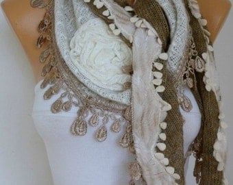 Fabric Knitted Lace Scarf  -  Plush Shawl Scarf  Flower Scarf -  Cowl Scarf - Brown - fatwoman