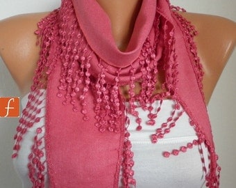 Amaranth Scarf  Women Pashmina  Scarf  - Cotton Scarf -  Cowl with Lace  Edge - fatwoman
