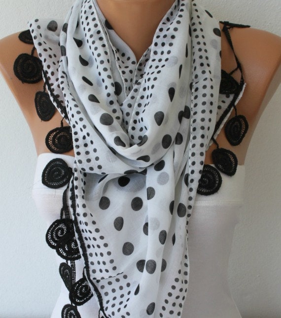 White Scarf Polka Dot Scarf - Cotton Scarf Cowl Scarf with Lace Edge - fatwoman