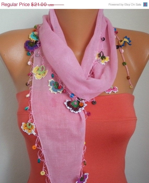 BIG SALE Summer Scarf Shawl - Cotton Weddings Scarves - Cowl with Lace Edge - Pink