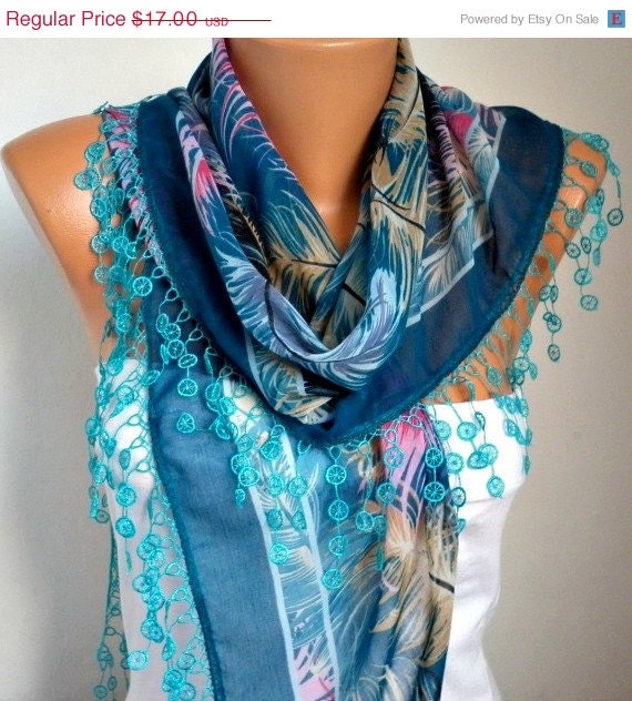 BIG SALE Scarf Shawl - Cotton Weddings Scarves - Cowl with Lace Edge - Blue