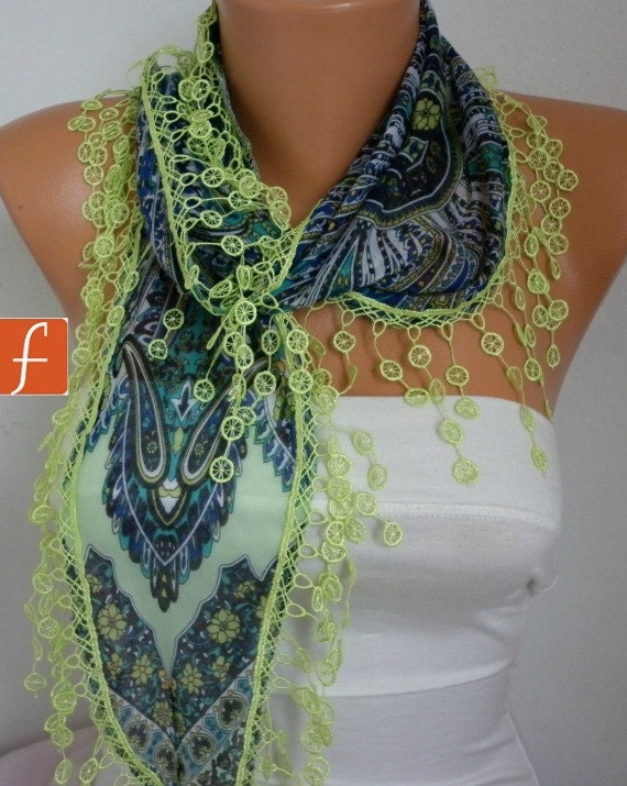 Neon Pistachio Cotton Scarf Multicolor Women Shawl Scarf Scarf - Cowl Scarf with Lace Edge - Gift for her - fatwoman